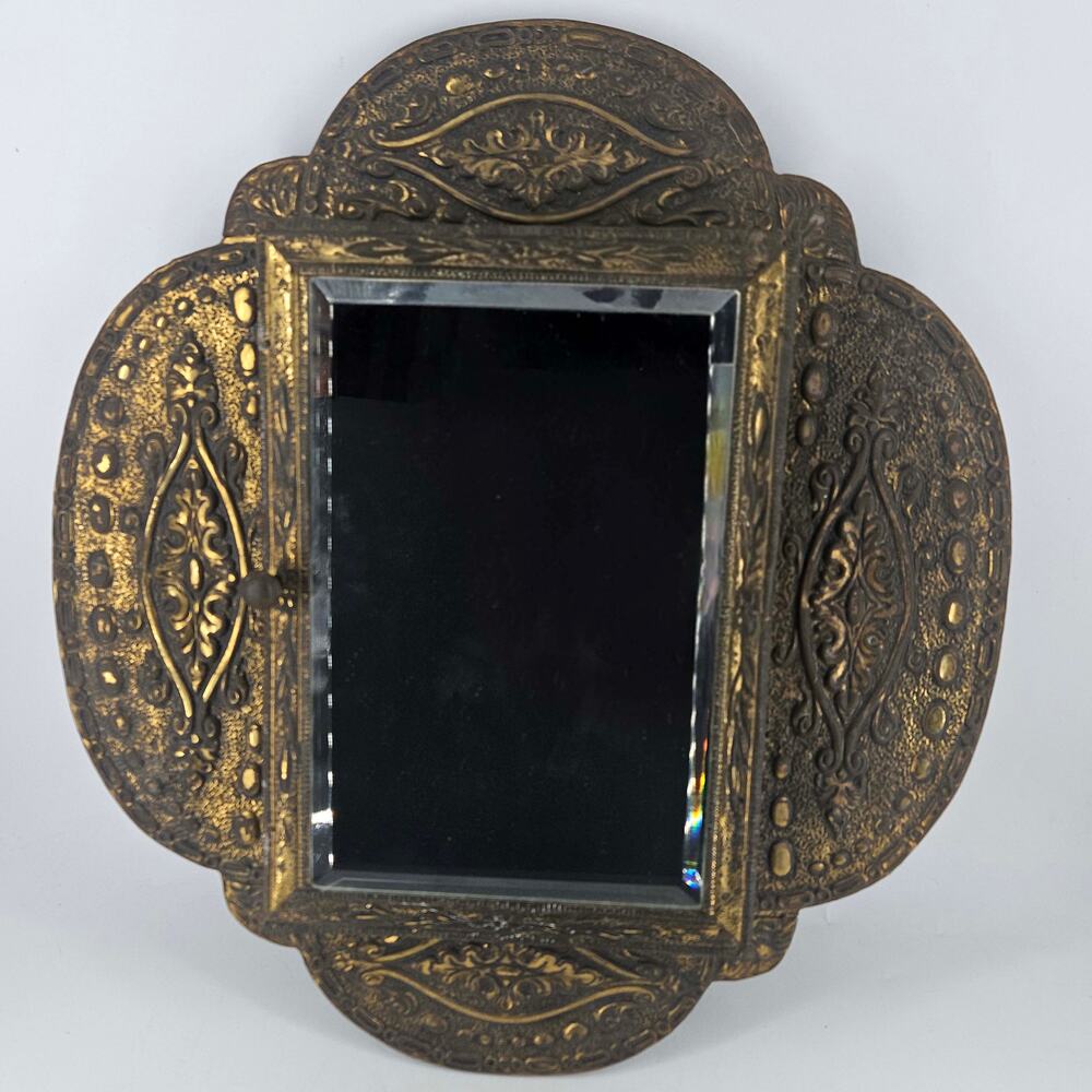Antique Ornate Brass Repousee Mirror Dutch brush Cabinet w 2 brushes